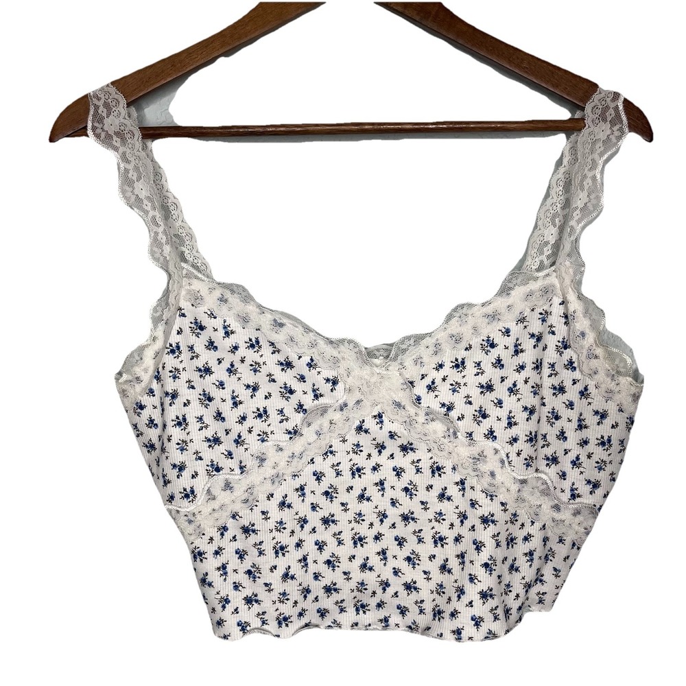 SHEIN floral babydoll cami lace crop L white blue cottagecore Coquette Fairy Y2K